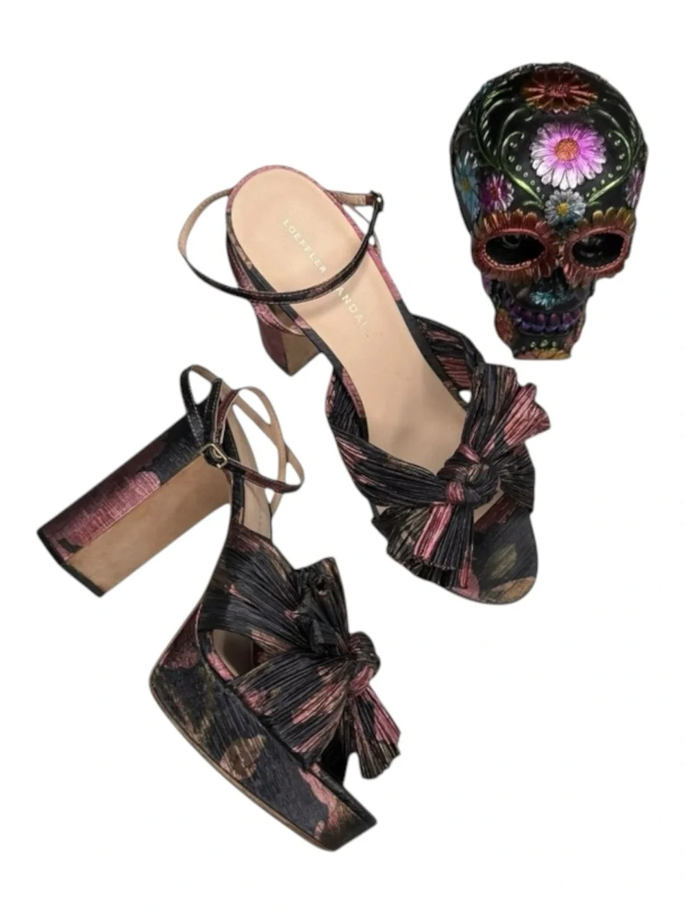 Loeffler Randall ✿ Natalia Pleated Knot Platform Heel Sandal ✿ Metal Floral ✿ 9M